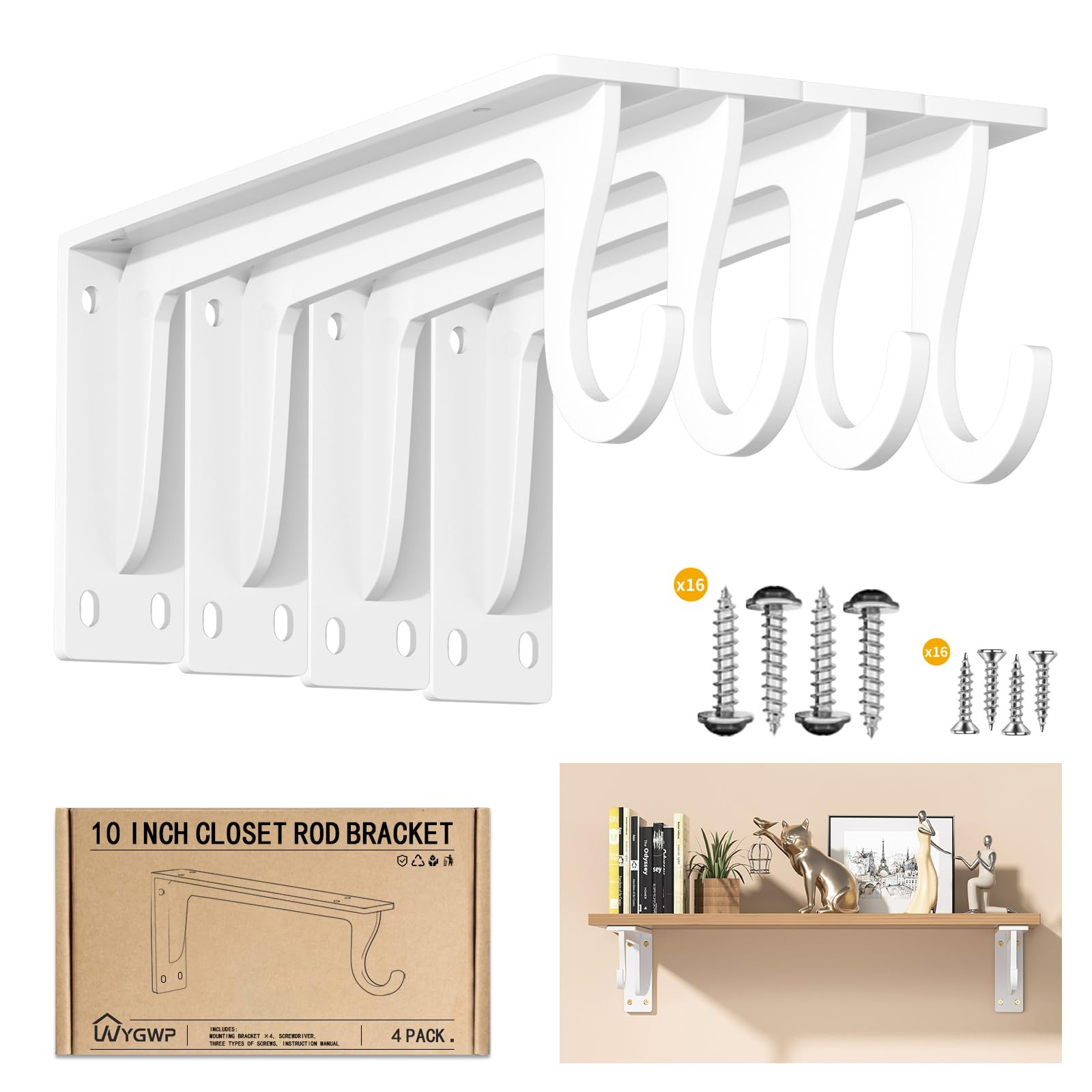 Photo 1 of 10 inch Closet Rod Bracket Support 400lb WYGWP Heavy Duty Closet Shelfs Support with Rod Holders, Wall Mounted Shelf Shelving Brackets with Hook for Wardrobe Walk-in Closet and Armoire(4pack White )