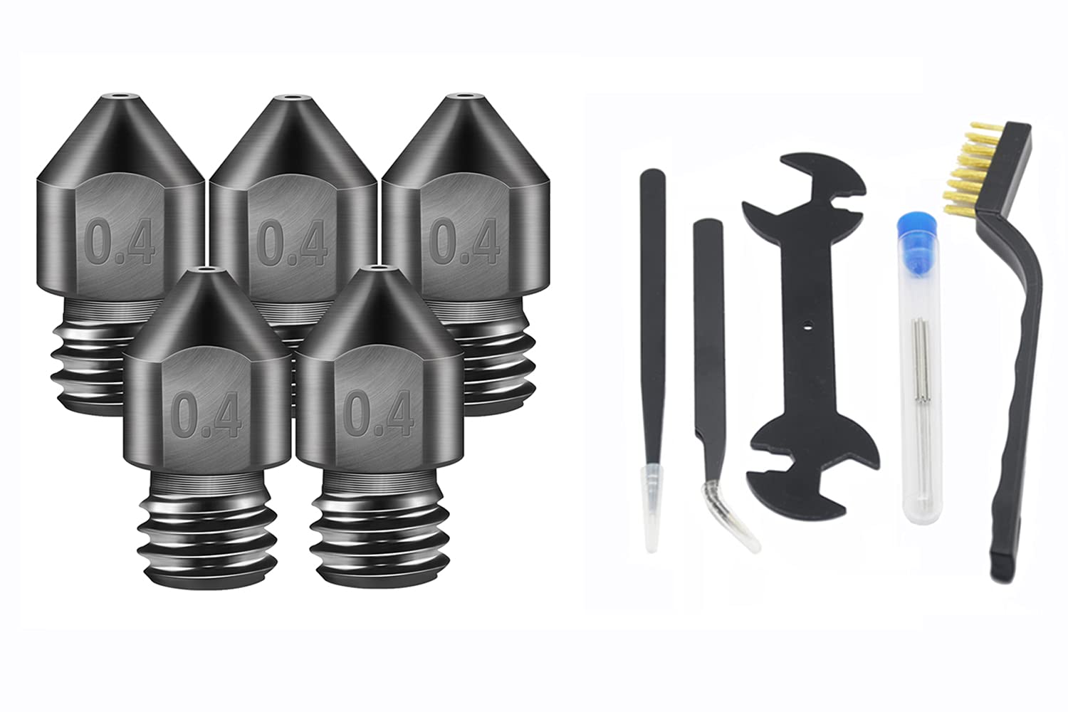 Iverntech 5 Sets 3D Printer MK8 Extruder Hardened Steel High Temperature Nozzles 0.4mm with Extruder Nozzle Cleaning Kit(Drill Bits,Tweezers, Brush, Wrench) for Makerbot, Creality CR-10 Ender 3