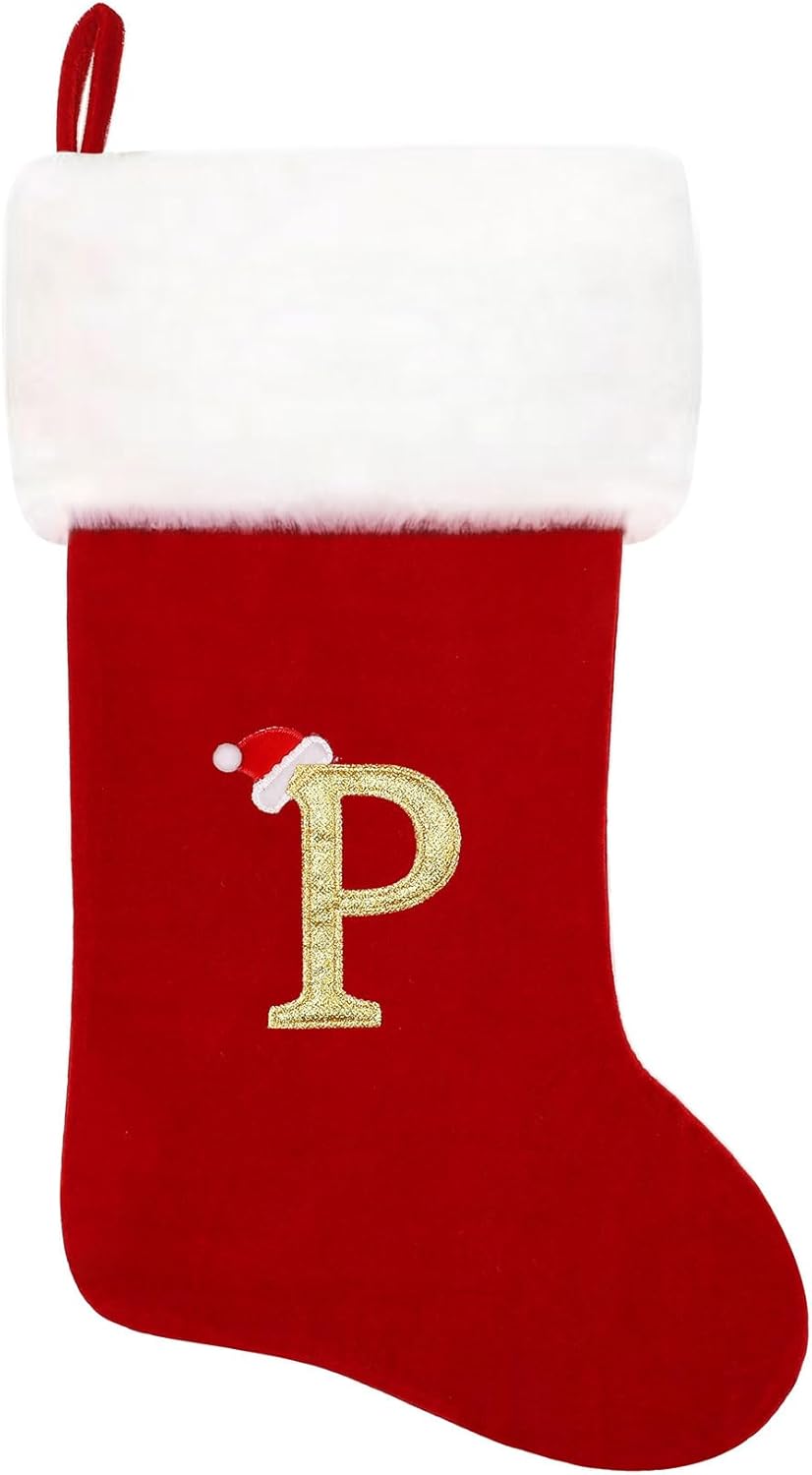 Stockings & Holders - Eoocan 20 Inches Monogram Christmas Stockings Red Velvet with White Super Soft Plush Cuff Embroidered Xmas Stockings Classic Personalized Stocking Decorations for Family Holiday Season Decor(Letter P)