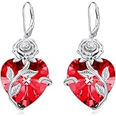 OCJ Birthstone Earrings for Women 925 Sterling Silver Rose Flower Leverback Earrings Heart Birthstone Dangle Drop Jewelry Anniversary Birthday Christmas Gifts for Women Her Wife Girlfriend