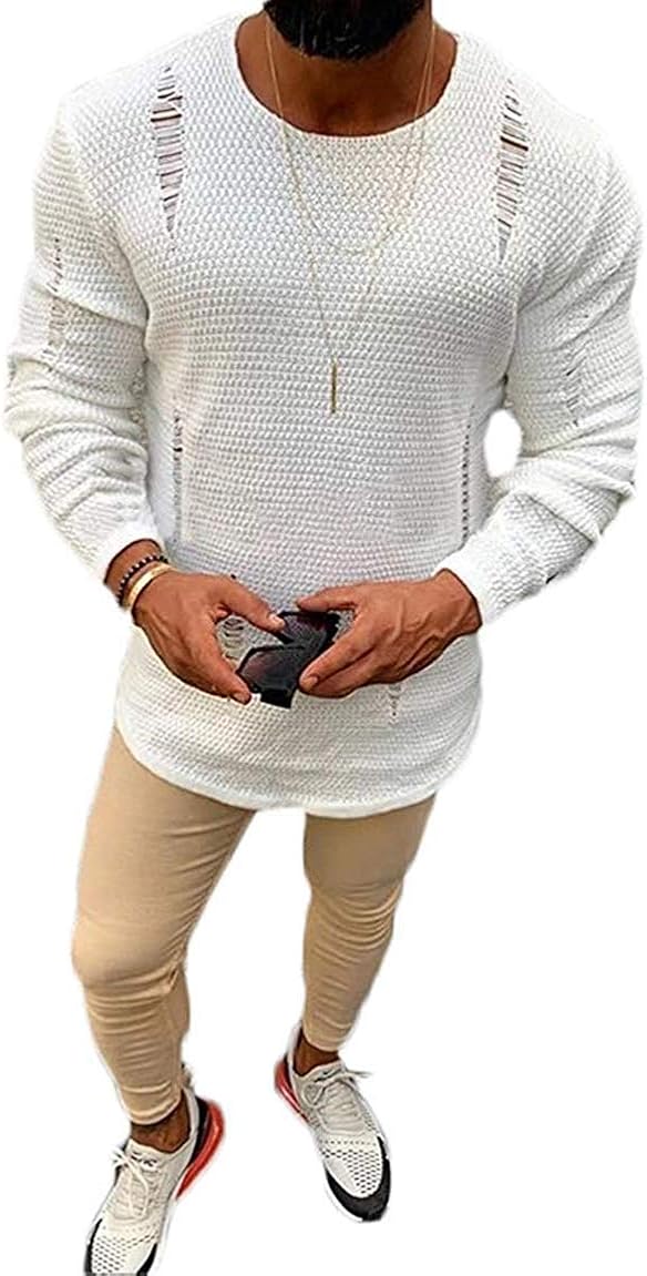 SUITLIM Men's Ripped Knit Sweater Pullover Fashion Long Sleeve Crew