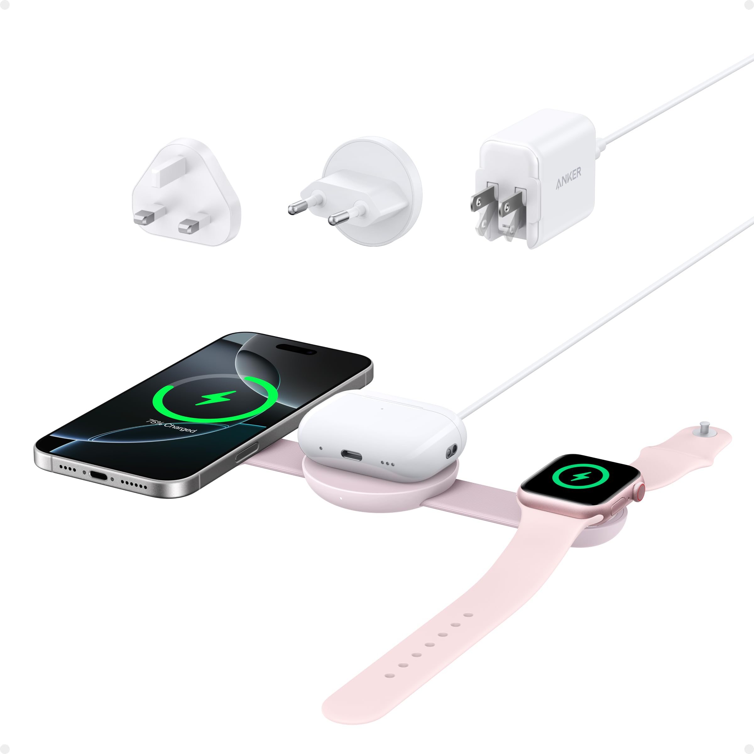Anker MagSafe Compatible 3-in-1 Wireless Charging Station, Qi2 Certified 15W MagGo Charger, Foldable Travel Wireless Charging Pad for iPhone 17/16/15/14/13/12 Series, AirPods, Apple Watch, and More