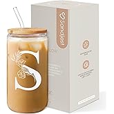 Monogrammed Gifts for Women - Monogram S Initial Glass Cup 16 Oz Can Coffee Cups with Lid and Straw - Monogram Initials Gifts for Womens on Birthday
