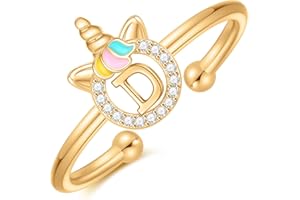 CIVOKINA Dainty Initial Unicorn Rings for Girls Gifts, 14K Gold Plated/Rose Gold/Silver Unicorn Rings for Girls Cute Initial Toddler Ring Hypoallergenic Adjustable Letter Rings for Teen Girls Gifts