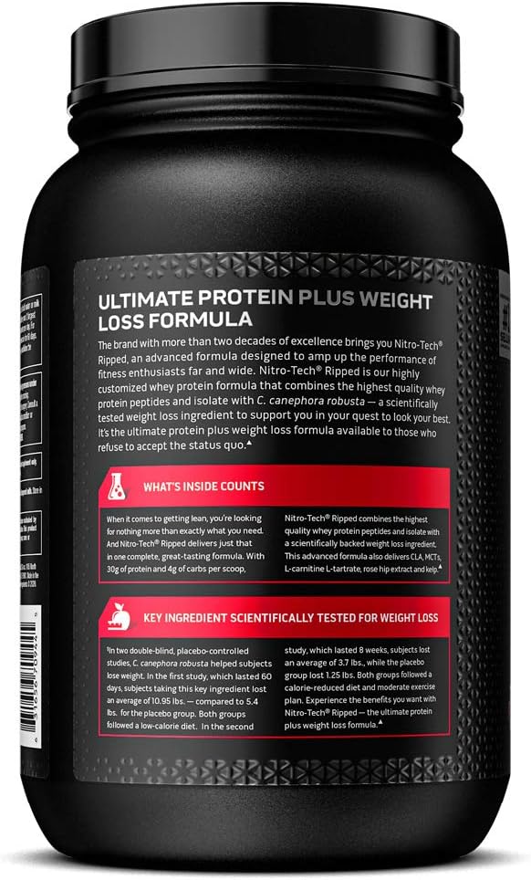 MuscleTech Nitro-Tech Ripped Lean Protein Powder + Weight Loss Formula, Whey Protein Shake Mix, 30 Grams Protein, 6.6g BCAA, Stimulant Free, Tastes Great, Chocolate Brownie, 2 lbs (packaging may vary): Health & Personal Care