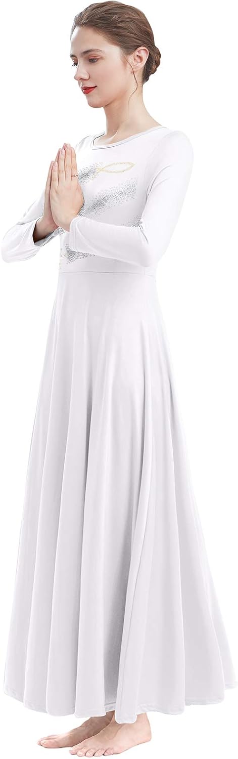 IBAKOM Womens Prom Ballroom Dance Dress Swing Party Dancewear Long Sleeve Dancing Worship Ballet Costume: Clothing
