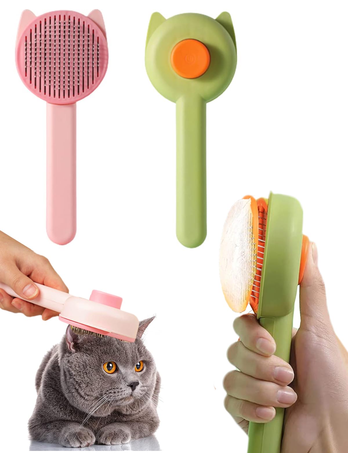 Pet Hair Cleaning Brush, Pet Brushes, Skin-Friendly Massage Needle Brush for Hair Removal of Dogs and Cats, Clean Pet Hair from the Brush with One Button Pack of 2