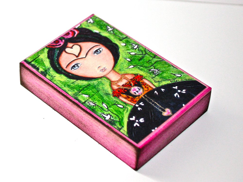 Amazon Com Frida Thinking Of Love Aceo Giclee Print Mounted On Wood 2 5 X 3 5 Inches Folk Art By Flor Larios Handmade