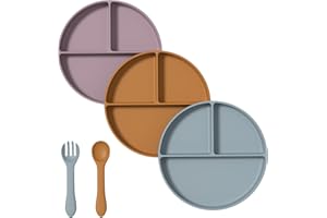 yahaa 3 Pack Silicone Suction Plates for baby with Stay Put Divided,Toddler Plates for Promotes self feeding,BPA Free,Lilac/Ginger/Dusty blue