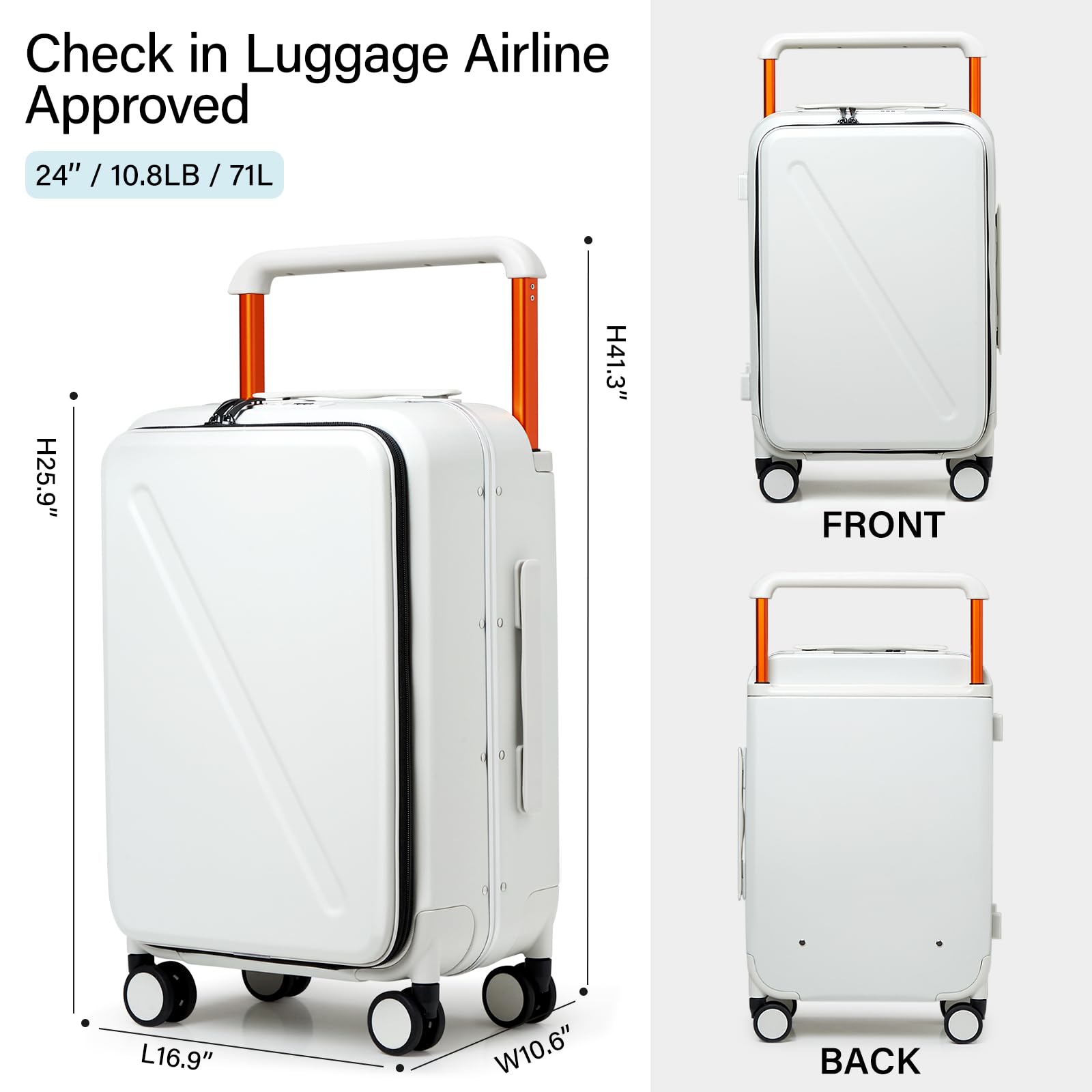MILADA Wide Handle Luggage with Front Pocket Hardshell Aluminium Check In Suitcase with Wheels Medium 24 Inch Front Opening Checked Luggage with Spinner Wheels TSA Lock Airline Approved Luggage, White