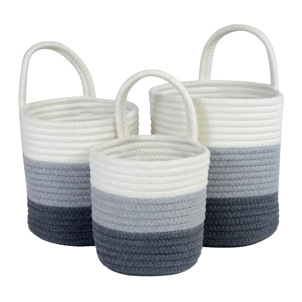 SmartProduct Cotton Rope Hanging Storage Baskets - 3-Pc Organizer for Baby Stuff, Plants, Toys, Toiletries Sturdy Woven Aesthetic Nursery, Kitchen Basket Set (RXZER23)