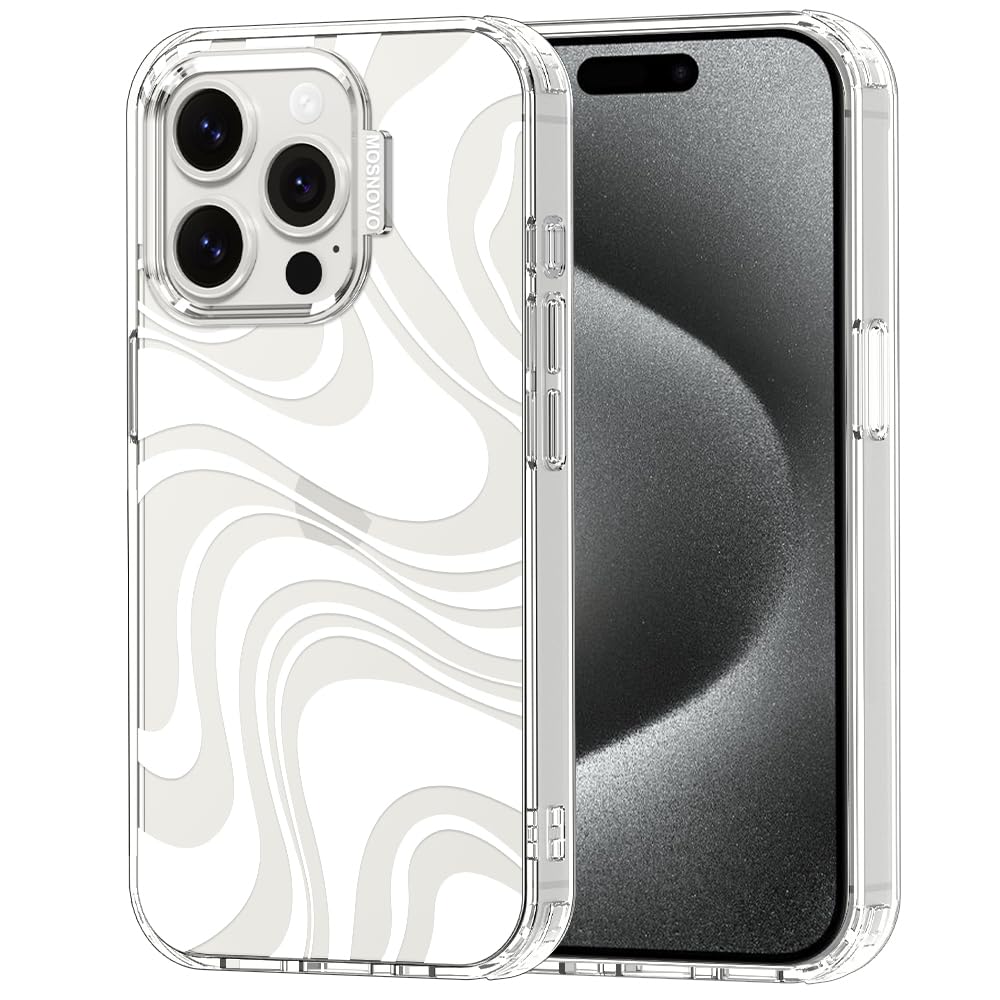 MOSNOVO Case for iPhone 15 Pro, [Buffertech 6.6ft Military-Grade Drop Protection] [Anti Peel Off Tech] Clear TPU Bumper Phone Case Cover Design - White Swirl — image 1