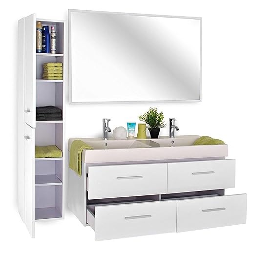 SAM® Badmöbel-Set 3-TLG, Hilo, Hochglanz weiß, Softclose Badezimmermöbel, Badezimmermöbel, Doppelwaschplatz 120 cm Mineralgus