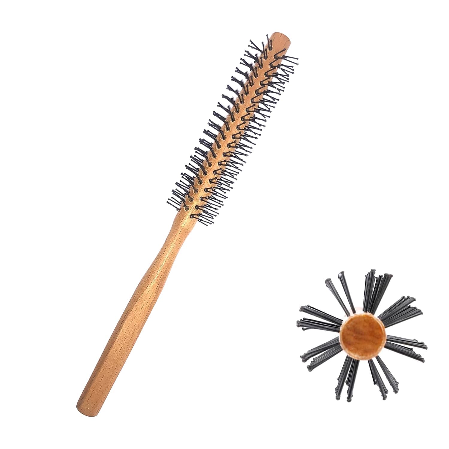 GBTUPOKW Small Round Brush for Blow Drying Round Curling Comb Wooden Handle Styling Brush Nylon Bristle Roll Small Round Hair brush for Wet Hair Bangs Beard Lifting Curling (Natural)
