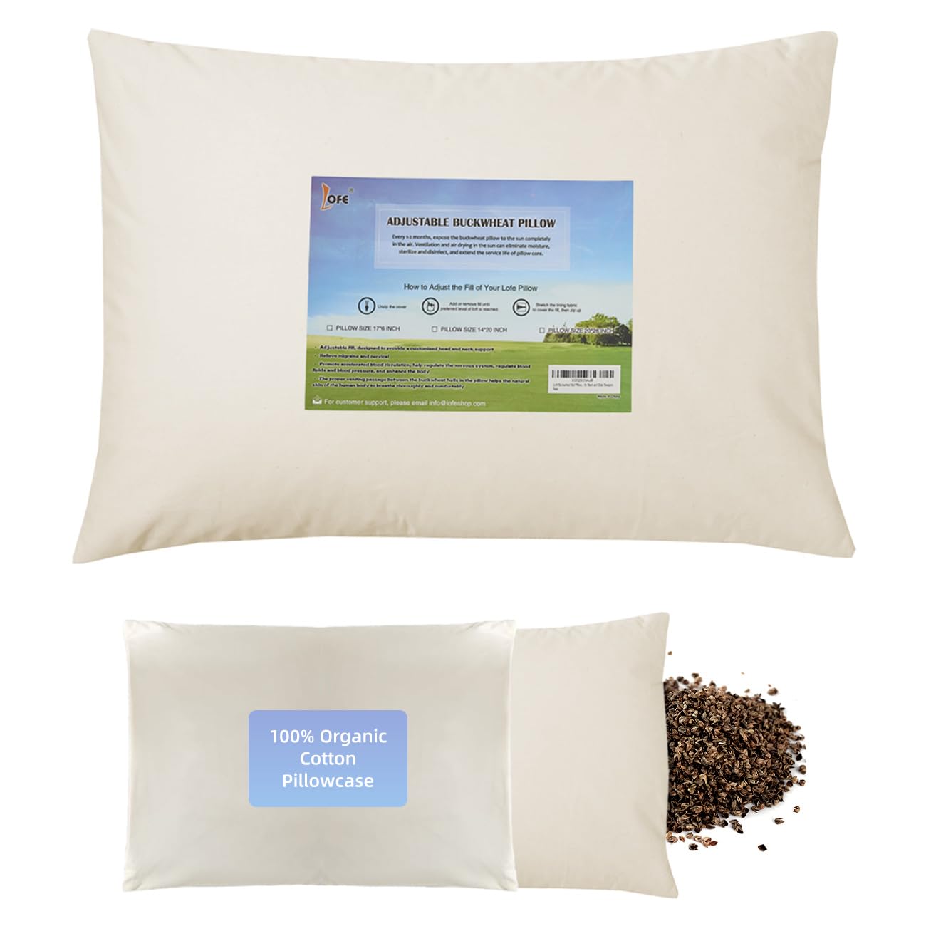 Photo 1 of LOFE Organic Buckwheat Pillow for Sleeping - 20''x26'' Adjustable Firm Pillow, Organic Cotton Shell Breathable for Cool Sleep, Cervical Support for Back and Side Sleepers(Tartary Buckwheat Pillows)