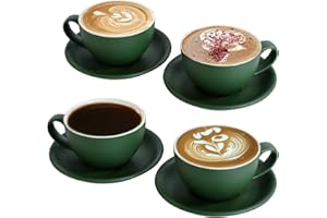 Yundu Matte Green Cappuccino Cups Set of 4-10oz Ceramic Latte Mugs with Saucers, Elegant Espresso Cups for Coffee & Tea