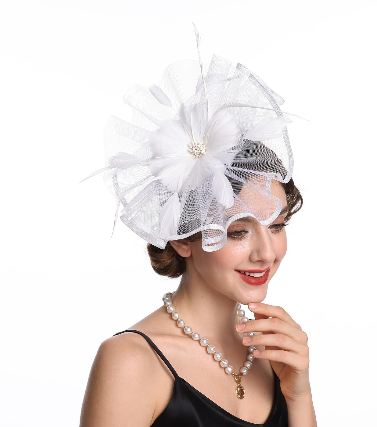 Fascinator Hat Feather Mesh Net Veil Party Flower Derby with Clip and Hairband for Women (A1-Large White Mash)