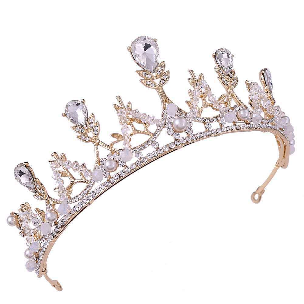 Tiara Bride Bridal Crown Hair Princess Pearl Headband Rhinestone Wedding For Bridal Wedding Prom Pageant Party (Gold)