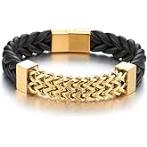 COOLSTEELANDBEYOND New Men Steel Gold Color Franco Box Chain Black Genuine Braided Leather Bracelet with Magnetic Clasp