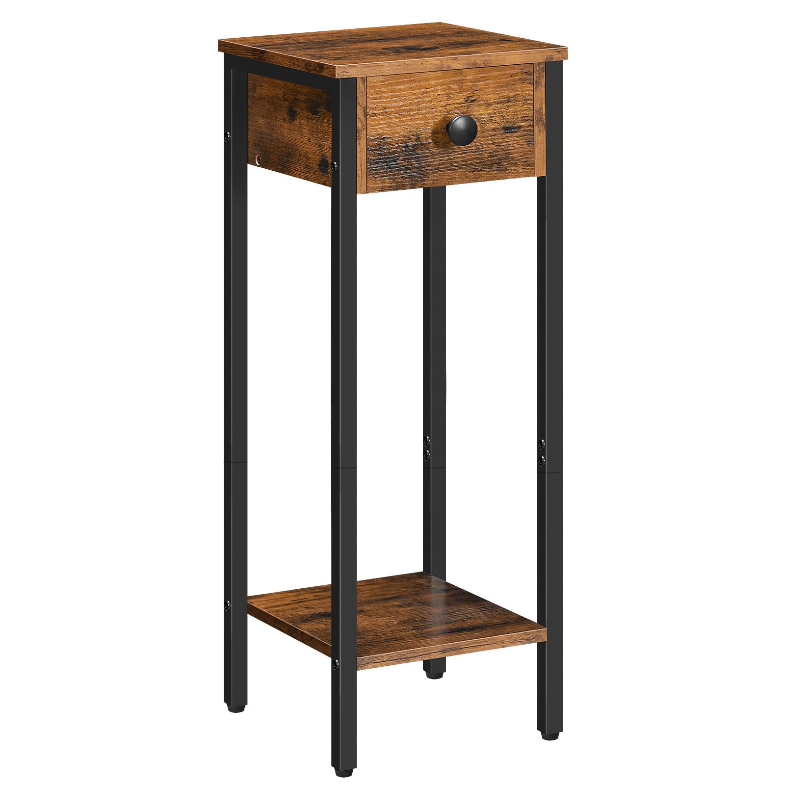 HOOBRO Slim Bedside Tables with Drawer, Small Side Table with Metal Frame, Tall Telephone Table for Small Spaces, Narrow Nightstand, Sturdy, Rustic Brown and Black EBF771BZ01