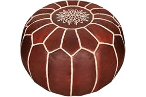 GRAN Handmade Leather Moroccan Pouf Footstool Ottoman | Brown Genuine Leather with Hand Embroidered White Stitching | Unstuffed