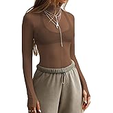 Ahtyeo Womens Mesh Long Sleeve Tops Mock Neck Sexy See Through Tee Shirts Party Club Night Lace Sheer Layering Blouse