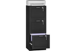 HOMCOM Vertical File Cabinet with 3 Drawers, Lockable Filing Cabinet for Home Office, Printer Stand with Hanging Bar for A4 a