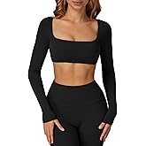 ABOCIW Women Square Neck Long Sleeve Workout Crop Top Low Medium Impact Athletic Yoga Gym Shirts with Built in Bra(ONLY TOP)