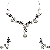 Faship Gorgeous CZ Crystal Shell Pearls Floral Necklace Earrings Set