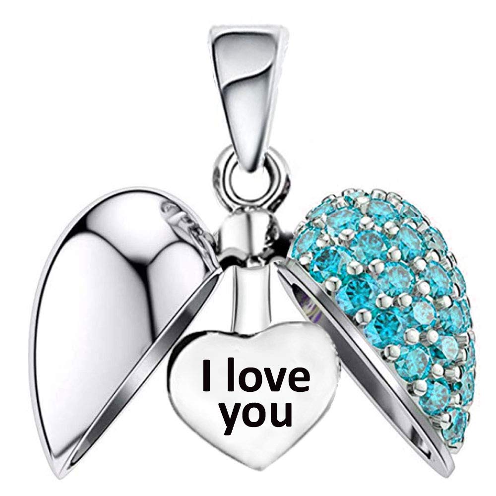 I Love You Heart Pendant Charm for Pandora Moments Bracelet & Necklace 925 Sterling Silver Sparkling Aqua Crystals Women Her Girls - Gift Box