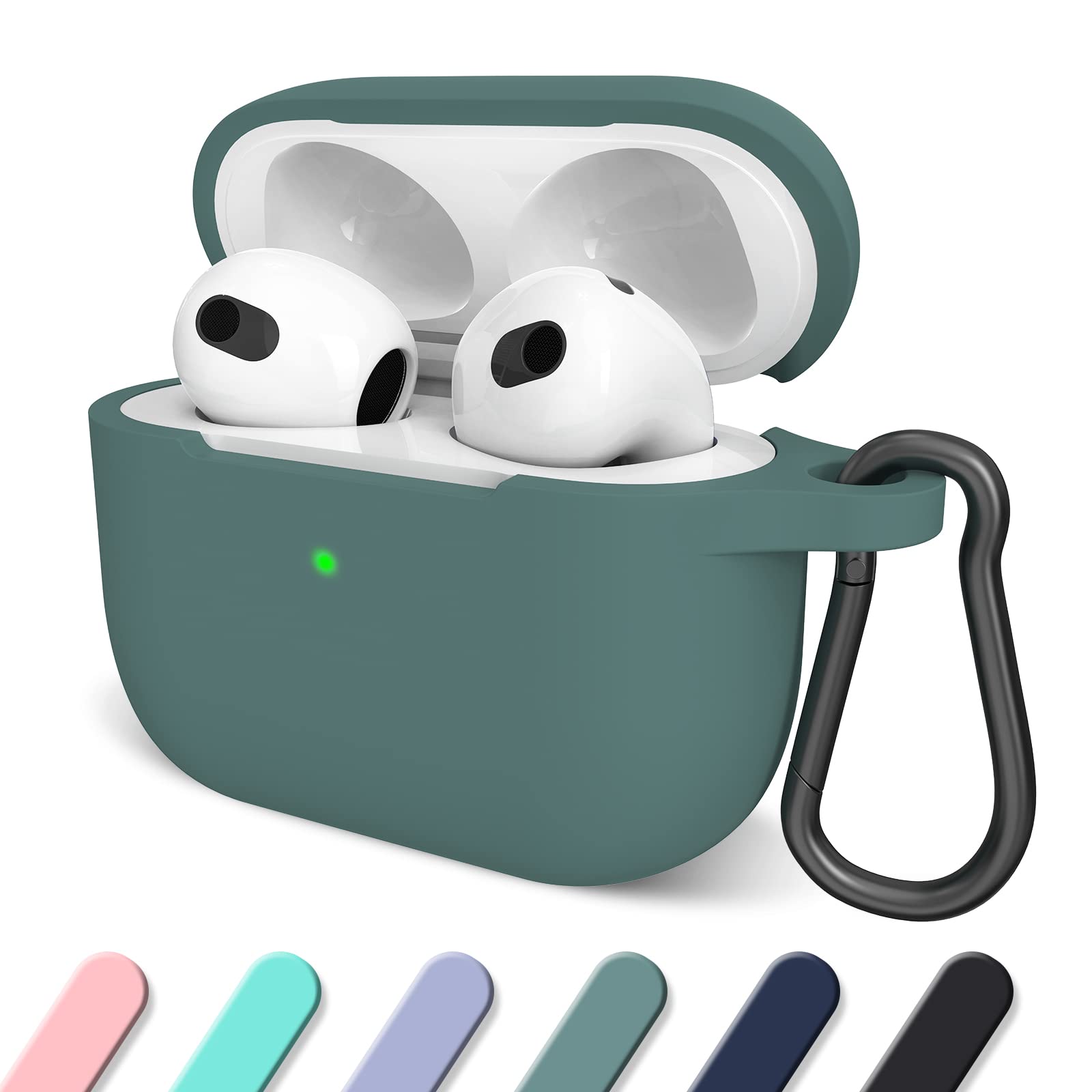ZELAXY Silicone Case Compatible with AirPods 3 2021 Cover, Soft Shockproof Protective Case with Carabiner-Pine Green