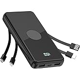 TXQX Portable Charger with Built in Cables,High Speed Power Bank 10000mAh Travel Battery Pack 5 Outputs 3 Inputs Portable Phone Charger Backup Battery for iPhone, Samsung, iPad,Tablets (Black)