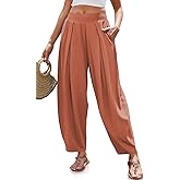 TARSE Women’s Linen Harem Pants Loose Fit Boho Pants with Wide Waistband Casual Lounge Trousers for Summer Beach Vacation