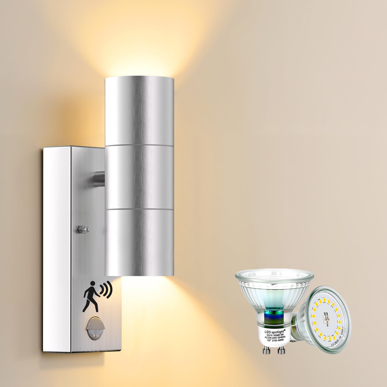 Allesgute Outdoor Wall Lights Mains Powered PIR Motion Sensor IP44 Up Down Outside Wall Lights 240V Stainless Steel with 2X 5W GU10 Bulbs Warm White