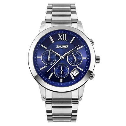 SKMEI 9097 Chronograph Stainless Steel Strap 30M Waterproof Wrist Watch for Men - Silver Blue