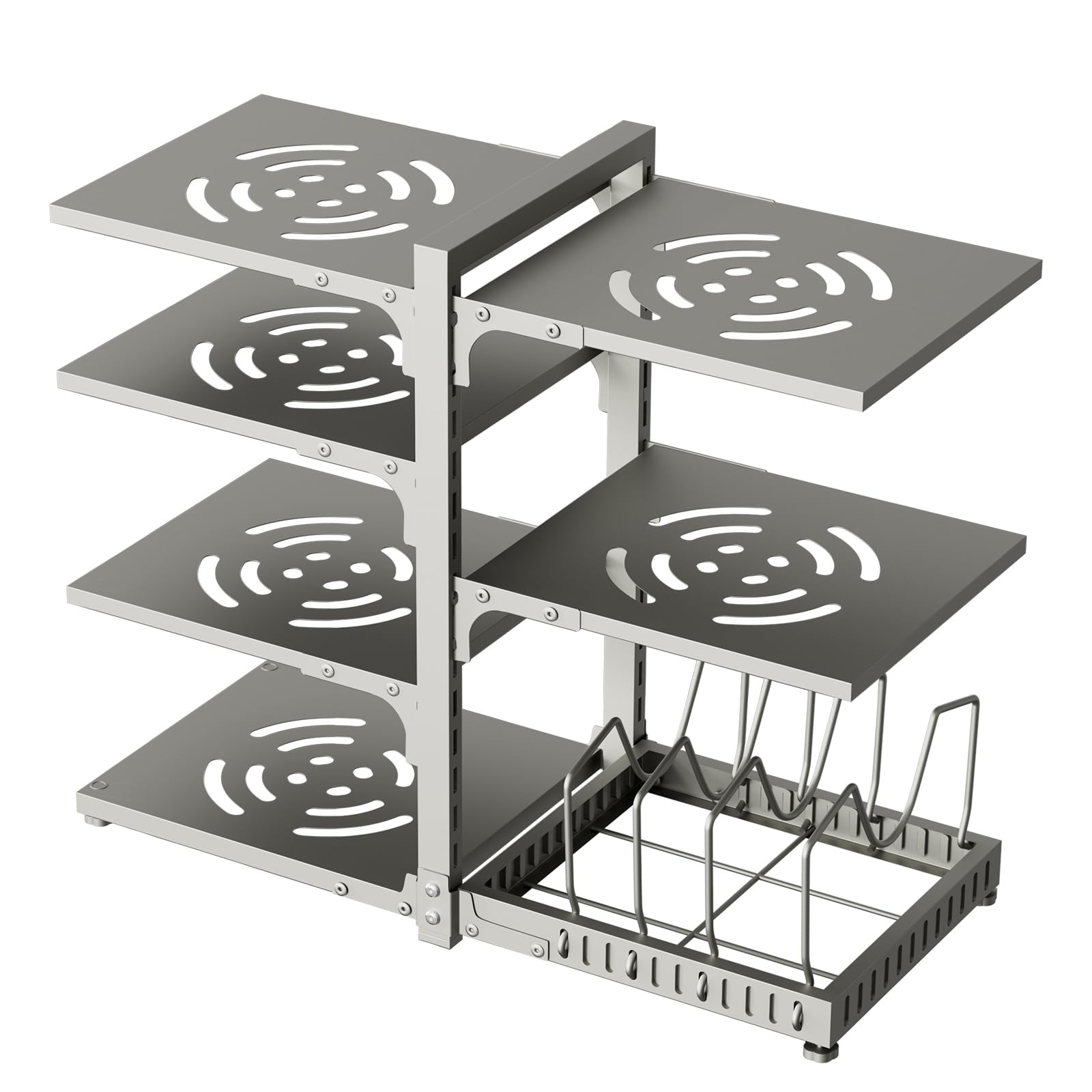 Photo 1 of *Minor Damaged*
Thetchry Pots and Pans Organizer, Heavy Duty Pot Racks, 7 Tiers Adjustable Pot Holder Kitchen Cabinet Organizer for Pots, Pans and Lids With 3 DIY Methods, Grey