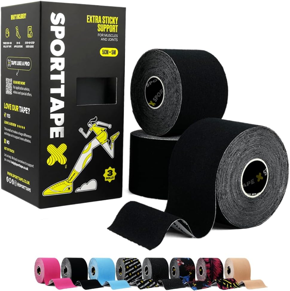 SPORTTAPE Kinesiology Tape 5cm x 5m 3 Pack Black Waterproof Hypoallergenic