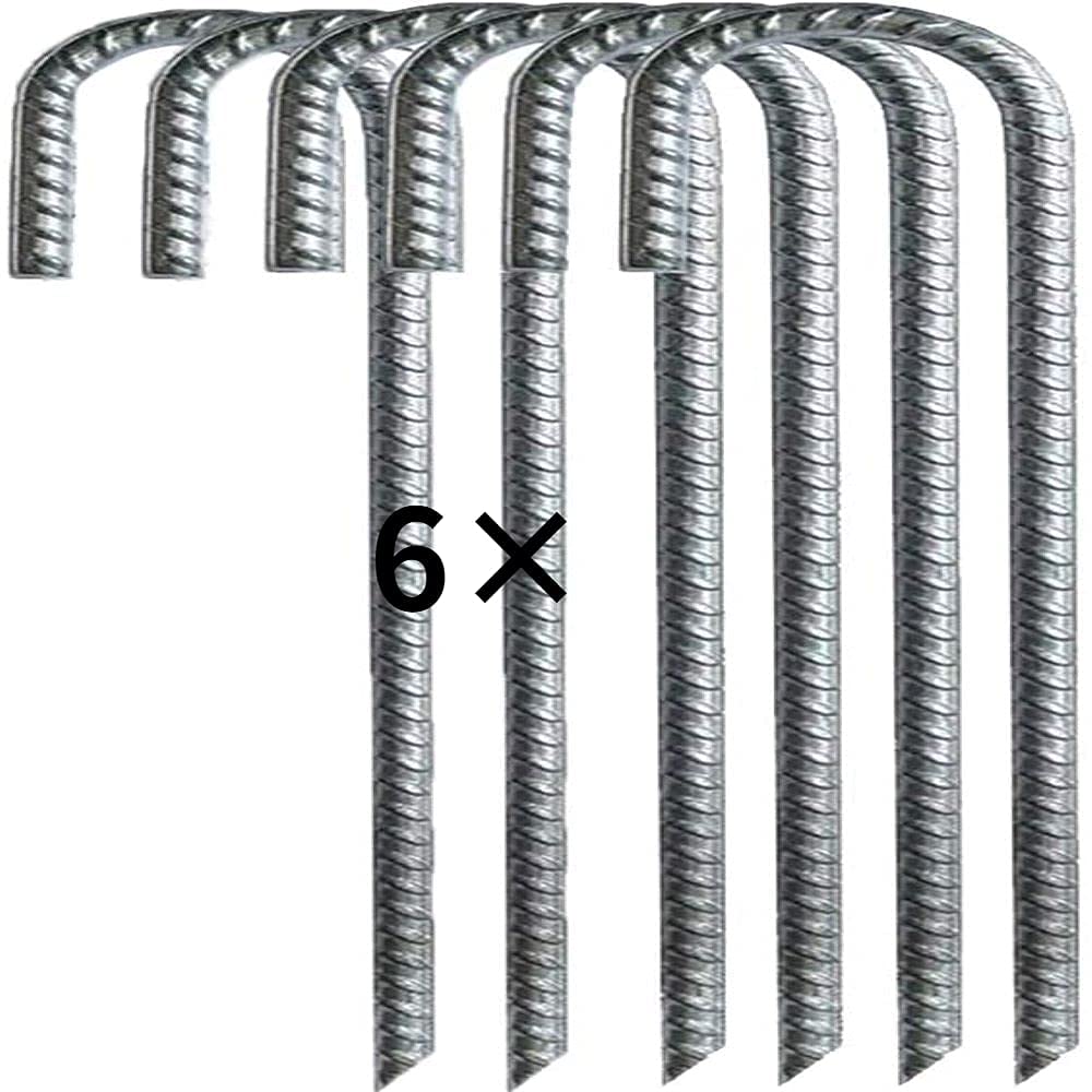 HBSTK 6 * 30cm Heavy Duty Galvanised Steel Ground Rebar Stakes J Hooks Anchors Anchorage Stakes Tent Pegs for Castles,Tents,Trampolines,Bouncy,Camping,Football Nets — image 1