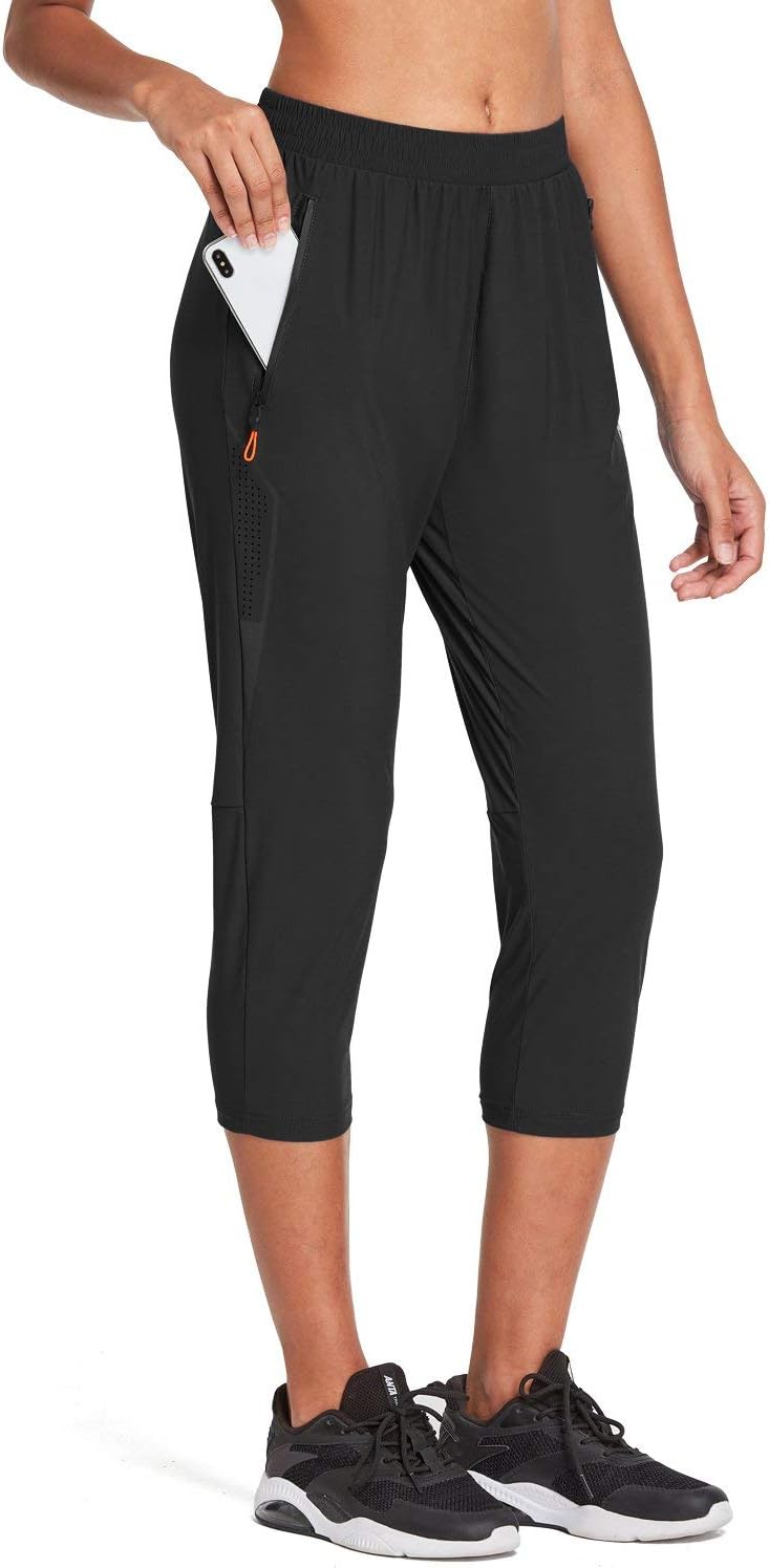 BALEAF EVO Women's Athletic Joggers Pants Dry Fit Running Capri Pants Zipper Pockets Lightweight Sports Yoga Track Pants: Clothing