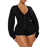 SHIPPOOOU Women Sexy 2 Piece Outfits Set Deep V Neck Long Sleeve Cardigan and shorts Tracksuits Clubwear
