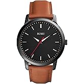 BUREI Mens Fashion Watches Brown Leather Analog Quartz Waterproof Watch Dress Minimalist Wrist Watches for Men, Gift for Men (Red Black Brown)