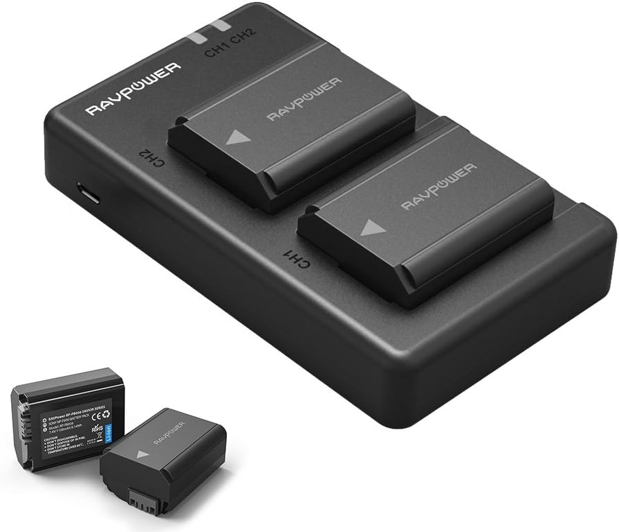 NP FW50 RAVPower Battery Charger Set for Sony 4-Pack Replacement Batteries, Micro USB Input Charger, Versatile Charging Option, 1100mAh, 100% Compatible with Original
