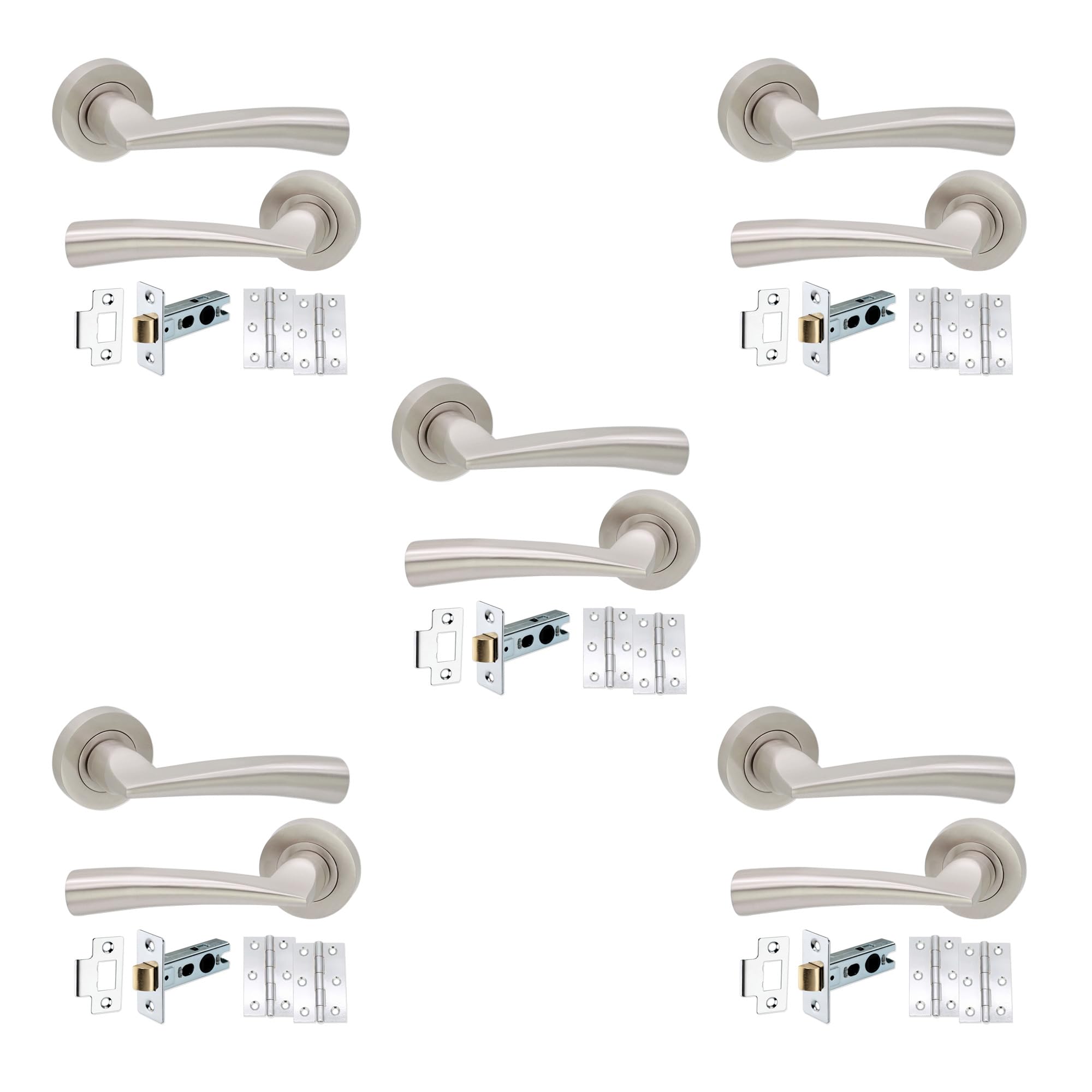 Infinity Decor Loyal Lever on Round Rose Satin Nickel Door Pull Handles Pack of 5 with Tubular Latch and Hinges Set for Interior & Exterior Use