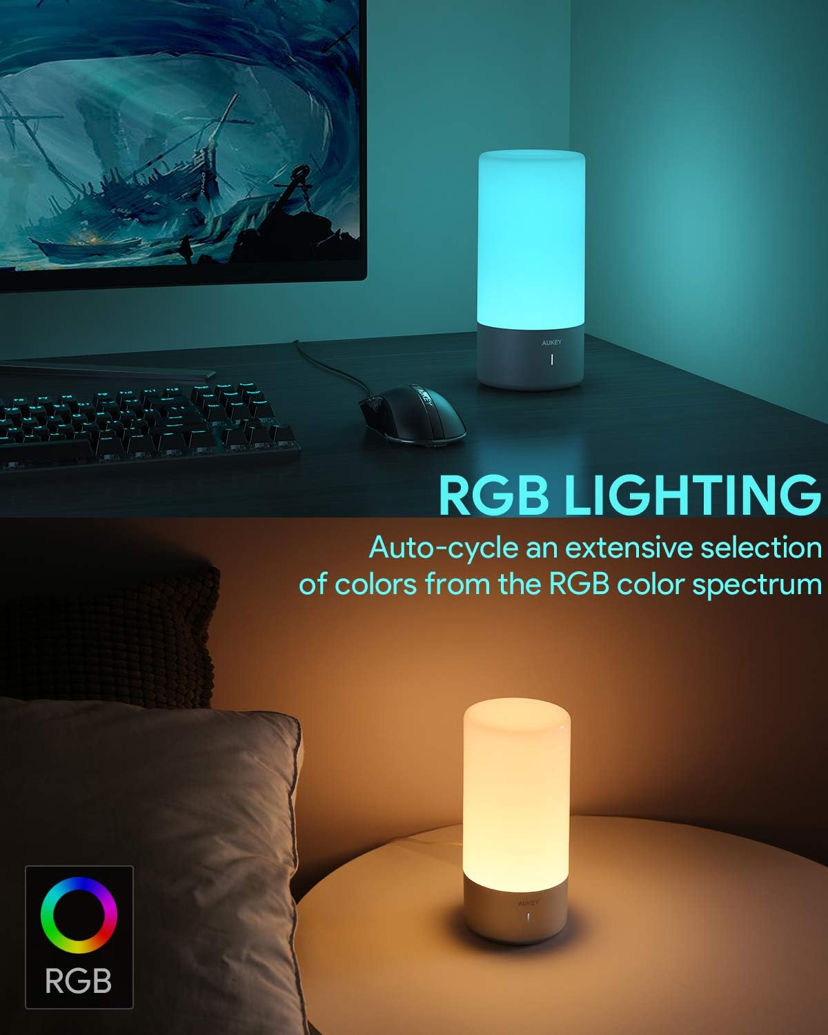 AUKEY Table Lamp Touch Sensor Bedside Lamp Color Changing RGB & Dimmable Warm White Light Night Light for or Bedrooms, Living Rooms and Office【2020 Updated Version】 - - 