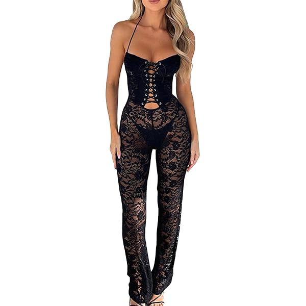 Amazon.com: HAPRIZERA Women Sexy See Through Lace Jumpsuit