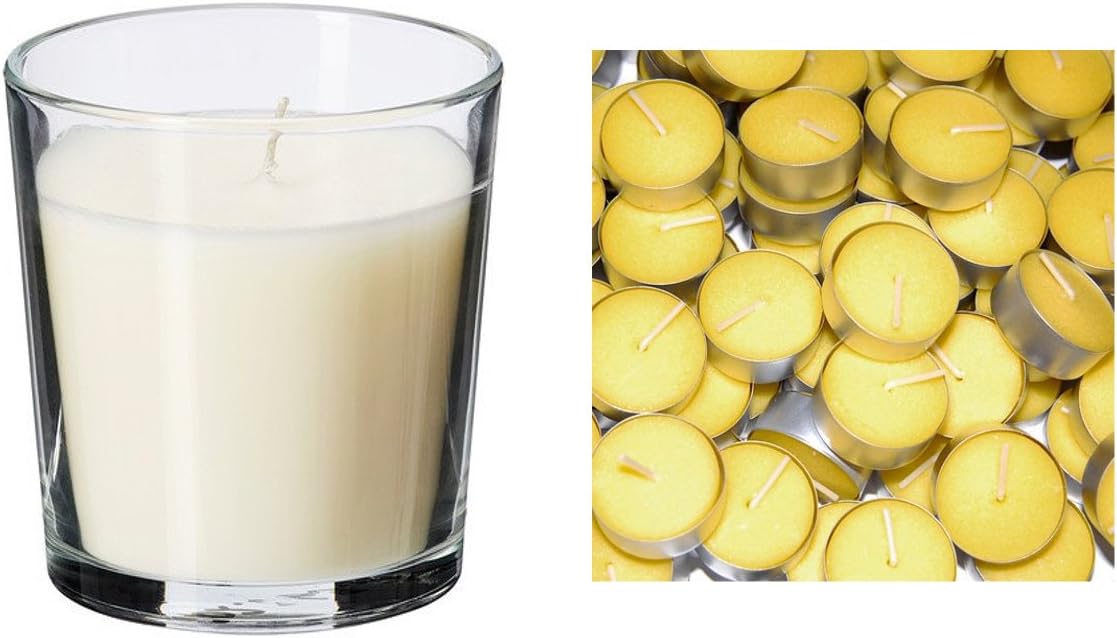 IKEA Sinnlig Glass Candle Vanilla Scented And Gala Citronella Scented Tealights containing 1 pack of 25 Candles, Bundle of 2 Items