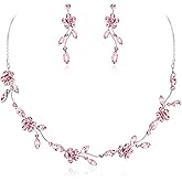 Crysdue Flower Bride Jewelry Set for Women Bridesmaid, Elegant Czech Diamond Floral Leaf Statement Necklace Dangle Earrings, Wedding Prom Party Jewellery