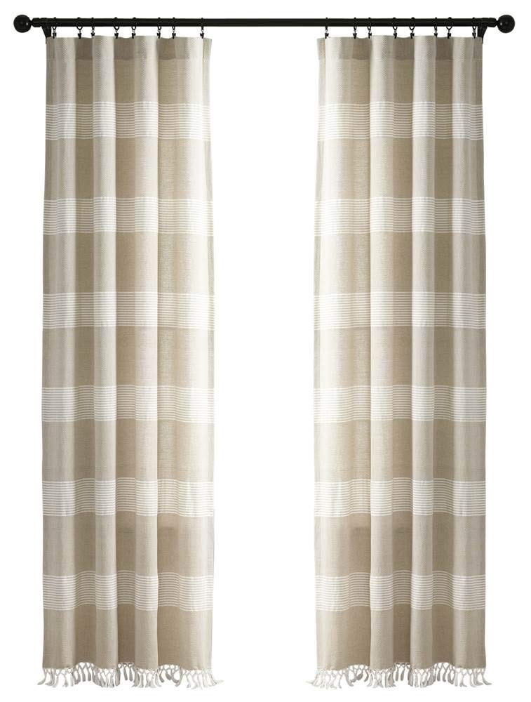 Lush Decor, Taupe Tucker Stripe Yarn Dyed Cotton Knotted Tassel Window Curtain Panel Pair, 84" x 40"