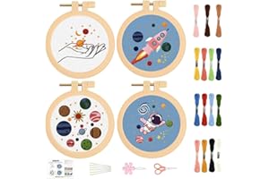 BEUNITONE 4PCS Universe Embroidery Kit Rocket Stamped Cross Stitch Kit Planet Astronauts Needlepoint Kit DIY Adult Beginner Stamped Cross Stitch Kit with Patterns and Instructions Merry Christmas