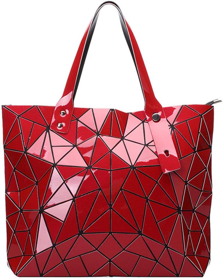 Womens Geometric Large Tote Bag Leather Purse Fashion Lightweight Glossy Ladies Top Handle Satchel Crossbody Shoulder Handbag Messenger Travel Beach Bag for Women (Red)